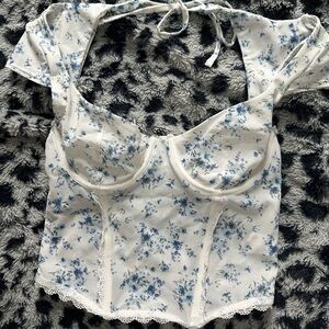 Floral Corset Top with Blue and White Design
